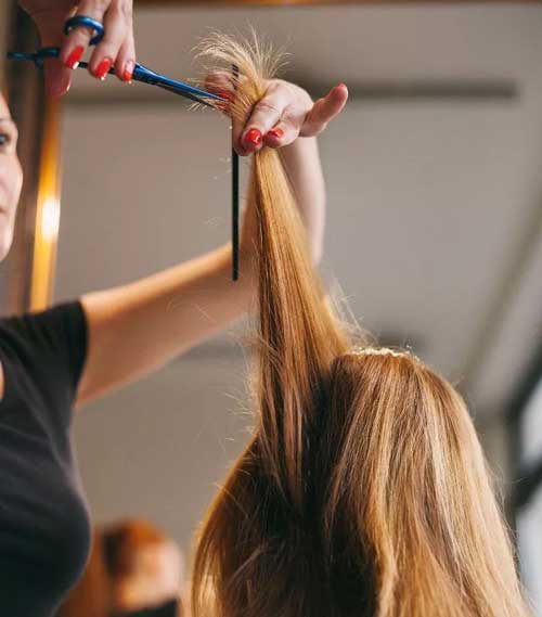 نوک گیری موهای آسیب دیده جهت پیشگیری از رشد آسیب به سمت ریشههای مو